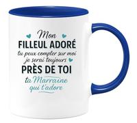 quotedazur Café-Croissant - Mug Personnalisé Tasse Cadeau Noël Mon Filleul Adoré Tu Peux Compter Sur Moi Je Serai Toujours Près De Toi Ta Marraine Qui T'Adore - Bleu/Céramique