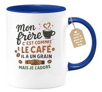 quotedazur Café-Croissant - Mug Personnalisé Tasse Cadeau Noël Mon Frère C'Est Comme Le Café Il A Un Grain Mais Je L'Adore - Bleu/Céramique