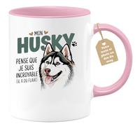 quotedazur Café-Croissant - Mug Personnalisé Tasse Cadeau Noël Mon Husky Pense Que Je Suis Incroyable (Il A Du Flair) - Rose/Céramique