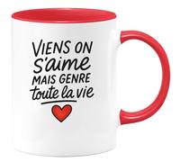 quotedazur Café-Croissant - Mug Personnalisé Viens On S'Aime Pour Toujours, Un Amour Vrai Et Sincère Toute La Vie Cadeau Noël Romantique Tasse Parfaite Couples Amoureux Tendres - Rouge/Céramique