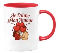 quotedazur Café-Croissant - Mug Saint-valentin Coeur - Tasse Romantique Idée Message Je T'aime Mon Amour Homme Femme - Cadeau Original Pour Couple Amoureux Petit Ami Copain Copine Mari - Rouge/cérami