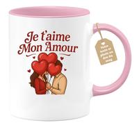 quotedazur Café-Croissant - Mug Saint-valentin Coeur - Tasse Romantique Idée Message Je T'aime Mon Amour Homme Femme - Cadeau Original Pour Couple Amoureux Petit Ami Copain Copine Mari - Rose/céramiq