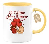 quotedazur Café-Croissant - Mug Saint-valentin Coeur - Tasse Romantique Idée Message Je T'aime Mon Amour Homme Femme - Cadeau Original Pour Couple Amoureux Petit Ami Copain Copine Mari - Jaune/cérami