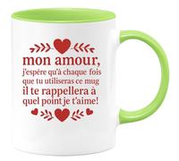 quotedazur Café-Croissant - Mug Saint-valentin Coeur - Tasse Romantique Idée Message Mon Amour Chaque Fois Homme Femme - Cadeau Original Pour Couple Amoureux Petit Ami Copain Copine Mari - Vert/céram