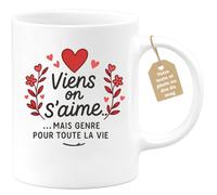 quotedazur Café-Croissant - Mug Saint-valentin Coeur - Tasse Romantique Idée Message Viens On S'aime Homme Femme - Cadeau Original Pour Couple Amoureux Petit Ami Copain Copine Mari - Blanc/céramique