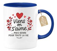 quotedazur Café-Croissant - Mug Saint-valentin Coeur - Tasse Romantique Idée Message Viens On S'aime Homme Femme - Cadeau Original Pour Couple Amoureux Petit Ami Copain Copine Mari - Bleu/céramique