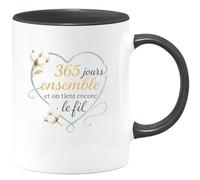 quotedazur - Mug 365 jours ensemble et on tient encore le fil - Tasse Cadeau Noces de coton Femme - Noir/Céramique