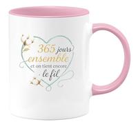 quotedazur - Mug 365 jours ensemble et on tient encore le fil - Tasse Cadeau Noces de coton Femme - Rose/Céramique