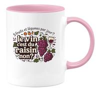 quotedazur - Mug 5 fruits et légumes par jour ? le vin c'est du raisin non ? - Tasse Cadeau Humour Femme - Rose/Céramique