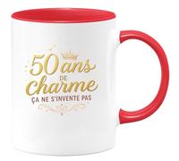 quotedazur - Mug 50 ans de charme, ça ne s'invente pas - Tasse Cadeau 50 ans Femme - Rouge/Céramique