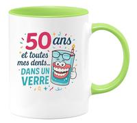 quotedazur - Mug 50 ans et toutes mes dents... dans un verre - Tasse Cadeau Humour Homme - Vert/Céramique
