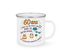 quotedazur - Mug 60 ans : l'âge où on peut enfin dire ce qu'on pense... et l'oublier 5 minutes après - Tasse Cadeau Anniversaire 60 ans - Blanc/Emaillé