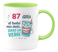 quotedazur - Mug 87 ans et toutes mes dents... dans un verre Tasse Cadeau Anniversaire Vert/Céramique