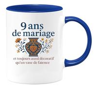 quotedazur - Mug 9 ans de mariage et toujours aussi décoratif qu'un vase de faïence - Tasse Cadeau Noces de Faïence Homme - Bleu/Céramique