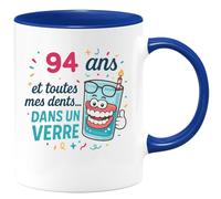 quotedazur - Mug 94 ans et toutes mes dents... dans un verre - Tasse Cadeau Anniversaire 94 Ans - Bleu/Céramique
