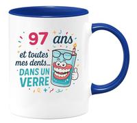 quotedazur - Mug 97 ans et toutes mes dents... dans un verre - Tasse Cadeau Anniversaire 97 Ans - Bleu/Céramique