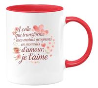 quotedazur - Mug À celle qui transforme mes matins grognons en moments d'amour, je t'aime - Tasse Cadeau Amour, Saint-Valentin, Couple Femme - Rouge/Céramique