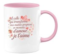 quotedazur - Mug À celle qui transforme mes matins grognons en moments d'amour, je t'aime - Tasse Cadeau Amour, Saint-Valentin, Couple Femme - Rose/Céramique