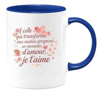 quotedazur - Mug À celle qui transforme mes matins grognons en moments d'amour, je t'aime - Tasse Cadeau Amour, Saint-Valentin, Couple Femme - Bleu/Céramique