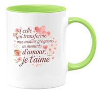quotedazur - Mug À celle qui transforme mes matins grognons en moments d'amour, je t'aime - Tasse Cadeau Amour, Saint-Valentin, Couple Femme - Vert/Céramique