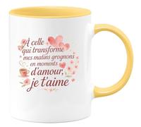 quotedazur - Mug À celle qui transforme mes matins grognons en moments d'amour, je t'aime - Tasse Cadeau Amour, Saint-Valentin, Couple Femme - Jaune/Céramique