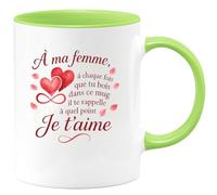 quotedazur - Mug à ma femme, à chaque fois que tu bois dans ce mug il te rappele à quel point je t'aime - Tasse Cadeau Saint-Valentin, Amour, Couple Femme - Vert/Céramique
