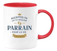 quotedazur - Mug Acceptes-tu cette mission de parrain pour la vie ? - Tasse Cadeau Baptême Demande Futur Parrain Homme - Rouge/Céramique