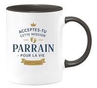 quotedazur - Mug Acceptes-tu cette mission de parrain pour la vie ? - Tasse Cadeau Baptême Demande Futur Parrain Homme - Noir/Céramique