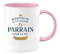 quotedazur - Mug Acceptes-tu cette mission de parrain pour la vie ? - Tasse Cadeau Baptême Demande Futur Parrain Homme - Rose/Céramique