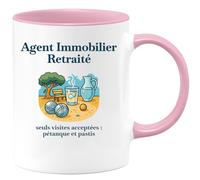 quotedazur - Mug Agent immobilier retraité. Seuls visites acceptées : pétanque et pastis pétanque et pastis. - Tasse Cadeau Départ Retraite Homme - Rose/Céramique