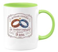 quotedazur - Mug artisan certifié en bonheur conjugal depuis 9 ans - Tasse Cadeau Noces de Faïence Homme - Vert/Céramique