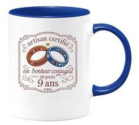 quotedazur - Mug artisan certifié en bonheur conjugal depuis 9 ans - Tasse Cadeau Noces de Faïence Homme - Bleu/Céramique