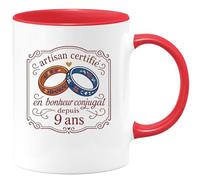 quotedazur - Mug artisan certifié en bonheur conjugal depuis 9 ans - Tasse Cadeau Noces de Faïence Homme - Rouge/Céramique