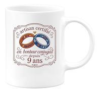 quotedazur - Mug artisan certifié en bonheur conjugal depuis 9 ans - Tasse Cadeau Noces de Faïence Homme - Blanc/Céramique