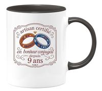 quotedazur - Mug artisan certifié en bonheur conjugal depuis 9 ans - Tasse Cadeau Noces de Faïence Homme - Noir/Céramique