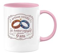 quotedazur - Mug artisan certifié en bonheur conjugal depuis 9 ans - Tasse Cadeau Noces de Faïence Homme - Rose/Céramique