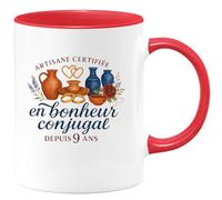 quotedazur - Mug artisane certifiée en bonheur conjugal depuis 9 ans - Tasse Cadeau Noces de Faïence Femme - Rouge/Céramique