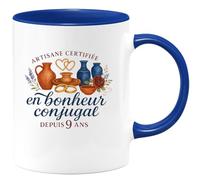 quotedazur - Mug artisane certifiée en bonheur conjugal depuis 9 ans - Tasse Cadeau Noces de Faïence Femme - Bleu/Céramique