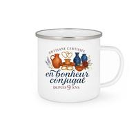 quotedazur - Mug artisane certifiée en bonheur conjugal depuis 9 ans - Tasse Cadeau Noces de Faïence Femme - Blanc/Emaillé