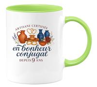 quotedazur - Mug artisane certifiée en bonheur conjugal depuis 9 ans - Tasse Cadeau Noces de Faïence Femme - Vert/Céramique