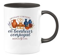 quotedazur - Mug artisane certifiée en bonheur conjugal depuis 9 ans - Tasse Cadeau Noces de Faïence Femme - Noir/Céramique