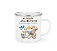 quotedazur - Mug Assistante sociale retraitée. Seules demandes acceptées : apéro et farniente. - Tasse Cadeau Départ Retraite Femme - Blanc/Emaillé