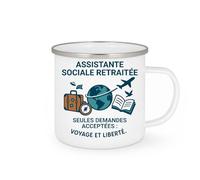 quotedazur - Mug Assistante sociale retraitée. Seules demandes acceptées : voyage et liberté. - Tasse Cadeau Départ Retraite Femme - Blanc/Emaillé