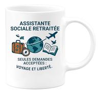 quotedazur - Mug Assistante sociale retraitée. Seules demandes acceptées : voyage et liberté. - Tasse Cadeau Départ Retraite Femme - Blanc/Céramique