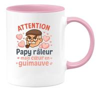 quotedazur - Mug Attention Papy râleur mais cœur en guimauve - Tasse Cadeau Papy Homme - Rose/Céramique