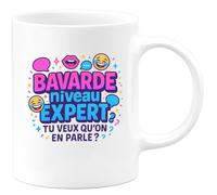 quotedazur - Mug Bavarde niveau expert. Tu veux qu'on en parle ? - Tasse Cadeau Humour Femme - Blanc/Céramique