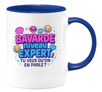 quotedazur - Mug Bavarde niveau expert. Tu veux qu'on en parle ? - Tasse Cadeau Humour Femme - Bleu/Céramique