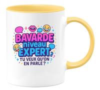 quotedazur - Mug Bavarde niveau expert. Tu veux qu'on en parle ? - Tasse Cadeau Humour Femme - Jaune/Céramique