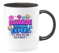 quotedazur - Mug Bavarde niveau expert. Tu veux qu'on en parle ? - Tasse Cadeau Humour Femme - Noir/Céramique