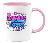 quotedazur - Mug Bavarde niveau expert. Tu veux qu'on en parle ? - Tasse Cadeau Humour Femme - Rose/Céramique
